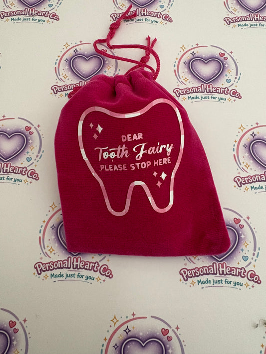 Dear Tooth Fairy Please Stop Here Velvet Drawstring Bag