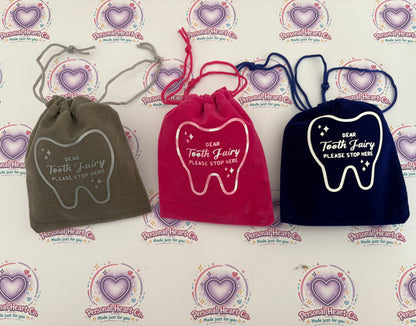 Dear Tooth Fairy Please Stop Here Velvet Drawstring Bag