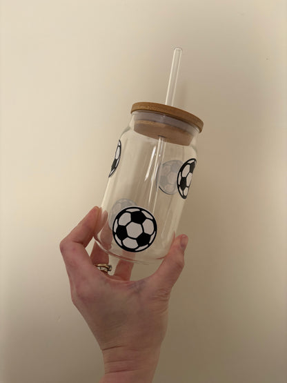 Football Glass Libby Can Tumbler | 16oz Reusable Iced Coffee Cup with Lid & Straw - Add your Team or your Name