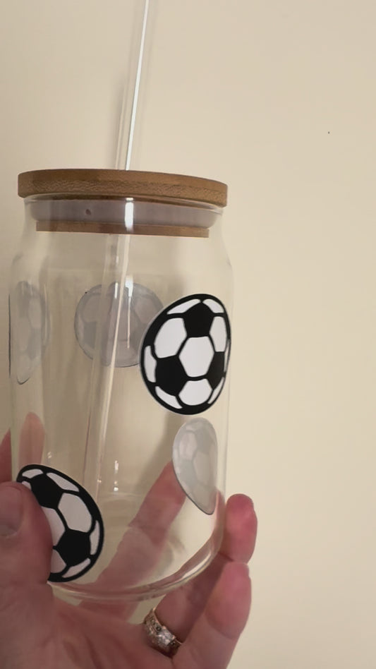 Football Glass Libby Can Tumbler | 16oz Reusable Iced Coffee Cup with Lid & Straw - Add your Team or your Name